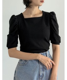 Re:EDIT | スムースカットソースクエアネックギャザースリーブトップス(Tシャツ/カットソー)