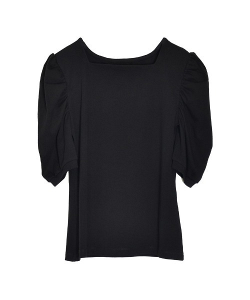 スムースカットソースクエアネックギャザースリーブトップス