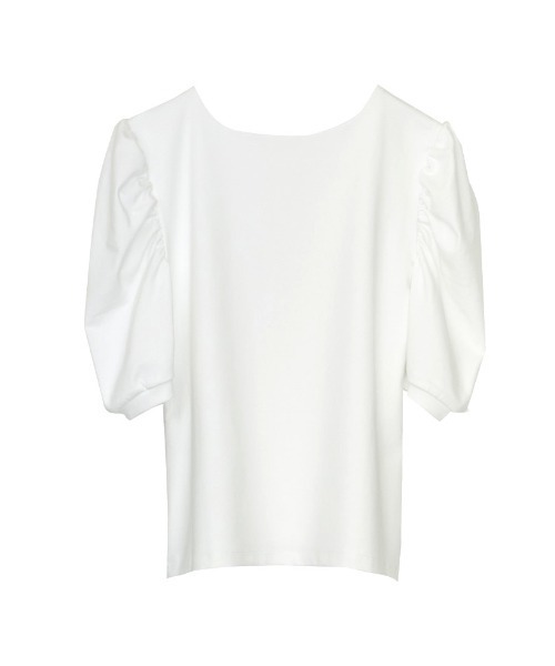 スムースカットソースクエアネックギャザースリーブトップス