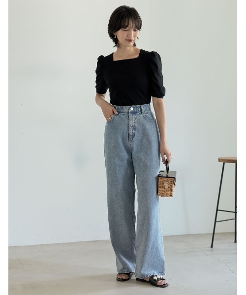 スムースカットソースクエアネックギャザースリーブトップス