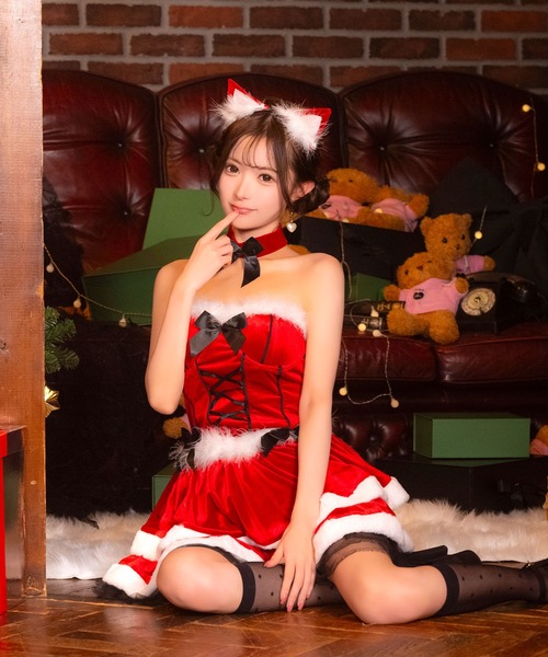 サンタ コスプレ ネコ アニマル セクシー ふわふわ ファー リボン バックスピンドル ビスチェ ベアトップ 2段フレア ミニ ワンピース 4点セット かわいい 猫耳 クリスマス コスチューム サンタコス