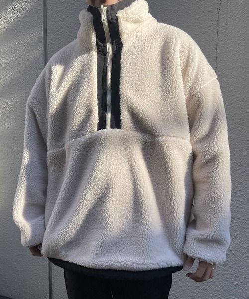 B.R.U（ブル）の「【リバーシブル/2WAY】【ユニセックス】ハーフジップナイロンボアブルゾン（ブルゾン・メンズ・グリーン/ブラック・FREE）」の3枚目の写真