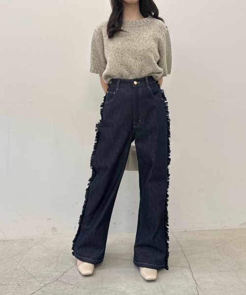 PEOPLESTYLE ダメージ デニムパンツ フリンジ レトロ 男女兼用 PEOPLESTYLE カーブデニムパンツ蛇柄フリンジジーンズウォッシュ