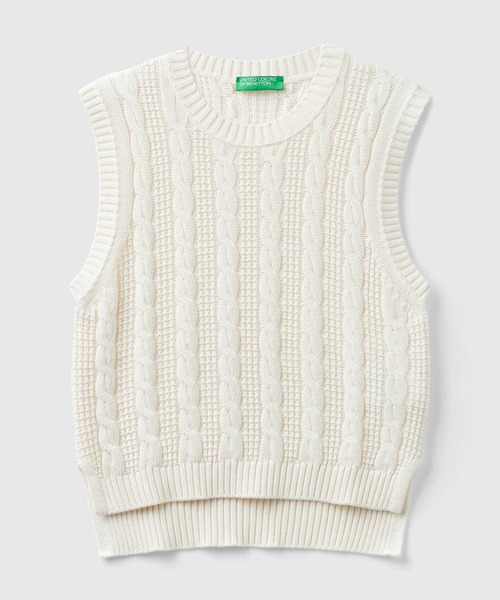 BENETTON (UNITED COLORS OF BENETTON)(ベネトンユナイテッドカラーズオブベネトン)の「コットン100%クルーネックケーブル編みクロップド丈サイドスリットノースリーブニットトップス(ベスト・レディース・ラベンダー/ライトブルー/ホワイト・SMALL/X-SMALL/MEDIUM)」の14枚目の写真