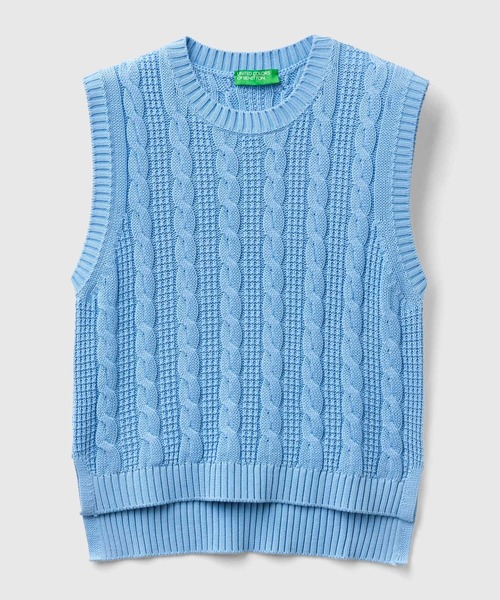 BENETTON (UNITED COLORS OF BENETTON)(ベネトンユナイテッドカラーズオブベネトン)の「コットン100%クルーネックケーブル編みクロップド丈サイドスリットノースリーブニットトップス(ベスト・レディース・ラベンダー/ライトブルー/ホワイト・SMALL/X-SMALL/MEDIUM)」の8枚目の写真