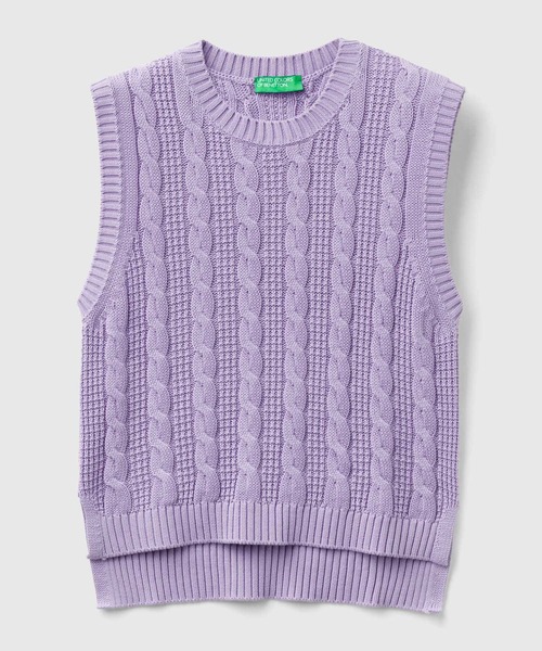 BENETTON (UNITED COLORS OF BENETTON)(ベネトンユナイテッドカラーズオブベネトン)の「コットン100%クルーネックケーブル編みクロップド丈サイドスリットノースリーブニットトップス(ベスト・レディース・ラベンダー/ライトブルー/ホワイト・SMALL/X-SMALL/MEDIUM)」の19枚目の写真