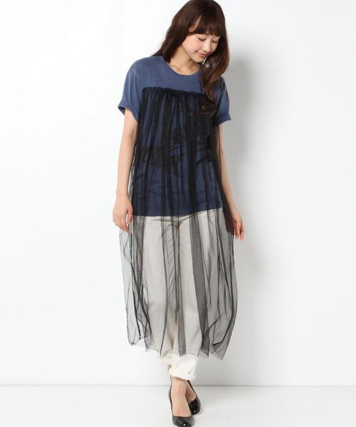 Another Edition(アナザーエディション)の「AEBC チュールドッキングPrt Tee◆(Tシャツ/カットソー・レディース・ブラック/ネイビー・フリー)」の2枚目の写真