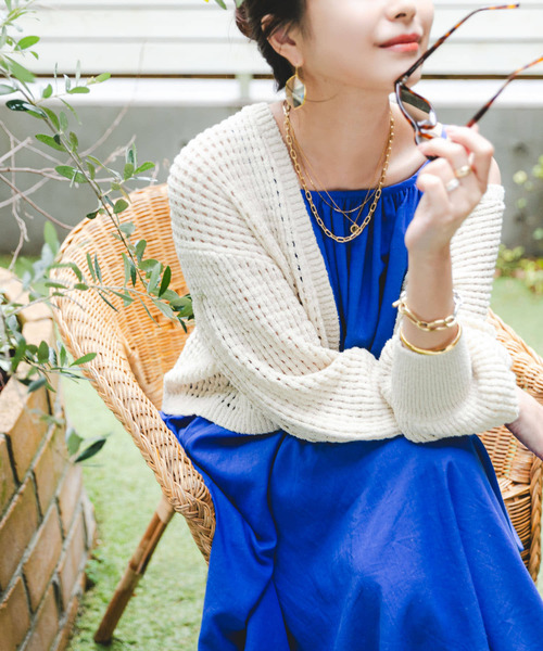 F by ROSSO（エフバイロッソ）の「F by ROSSO　メッシュ編みショートカーディガン（カーディガン/ボレロ・レディース・イエロー/ブラック/ライトベージュ・FREE）」の2枚目の写真