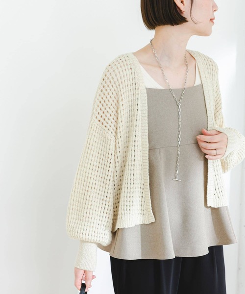 F by ROSSO（エフバイロッソ）の「F by ROSSO　メッシュ編みショートカーディガン（カーディガン/ボレロ・レディース・イエロー/ブラック/ライトベージュ・FREE）」の4枚目の写真