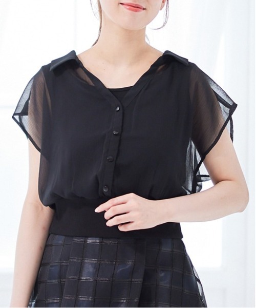 12Twelve Agenda（トゥエルブ　アジェンダ）の「インナー付シアーシャツフレンチスリーブプルオーバー（シャツ/ブラウス・レディース・アイボリー/ブラック/チャコールグレー/イエロー/ブルー・M）」の3枚目の写真