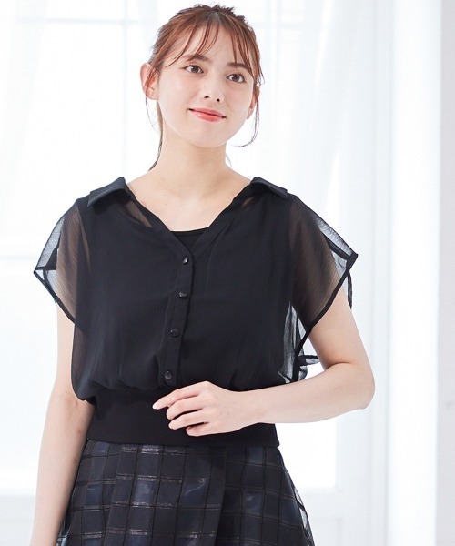 12Twelve Agenda（トゥエルブ　アジェンダ）の「インナー付シアーシャツフレンチスリーブプルオーバー（シャツ/ブラウス・レディース・アイボリー/ブラック/チャコールグレー/イエロー/ブルー・M）」の7枚目の写真