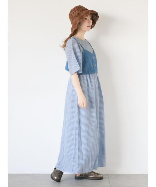 ehka sopo（エヘカソポ）の「チェックワンピース+デニムビスチェ（ワンピース・レディース・サックスブルー/ブラック/グリーン・F）」の3枚目の写真