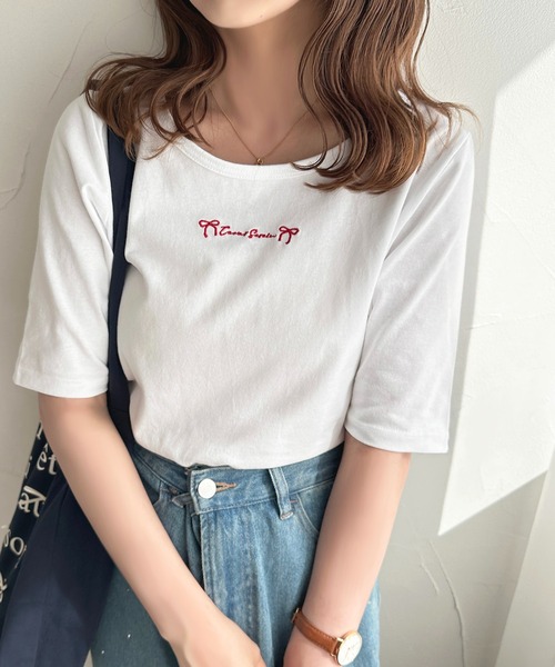 apres jour（アプレジュール）の「ロゴリボン刺繍Tシャツ【ZOZOTOWN限定アイテム】（Tシャツ/カットソー・レディース・ホワイト系その他/オフホワイト/ブラック・X-LARGE/フリー）」の13枚目の写真