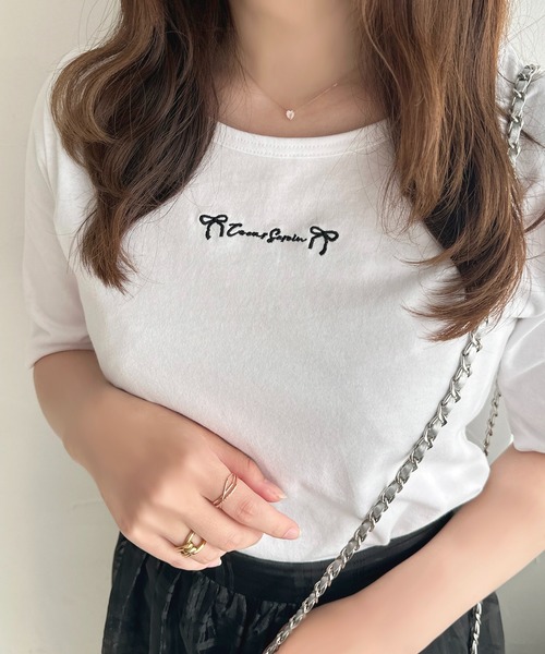 apres jour（アプレジュール）の「ロゴリボン刺繍Tシャツ【ZOZOTOWN限定アイテム】（Tシャツ/カットソー・レディース・ホワイト系その他/オフホワイト/ブラック・X-LARGE/フリー）」の4枚目の写真