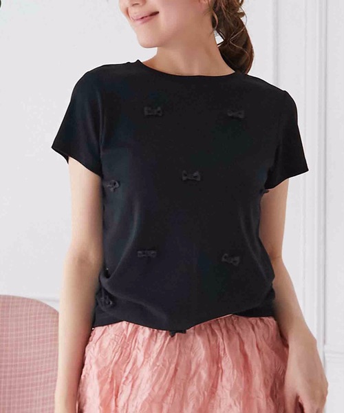M y u(ミュー)の「プチリボンTシャツ(Tシャツ/カットソー・レディース・ブラック×ホワイト/ホワイト×ブラック/ブラック/ホワイト・SMALL/MEDIUM/LARGE)」の1枚目の写真