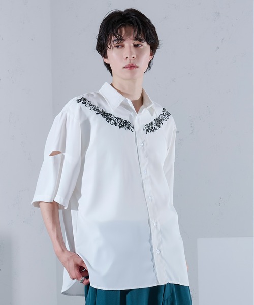 【国内送関税込】 フラワー カットアウト ロングスリーブ シャツ カーブフラワー刺繍カットアウトシャツ（シャツ/ブラウス