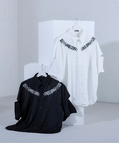 【国内送関税込】 フラワー カットアウト ロングスリーブ シャツ カーブフラワー刺繍カットアウトシャツ（シャツ/ブラウス