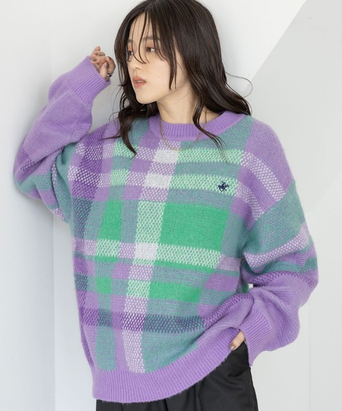 BEVERLY HILLS POLO CLUB（ビバリーヒルズポロクラブ）の「BEVERLY HILLS POLO CLUB/チェックニットクルー（ニット/セーター・レディース・パープル系/グレー系/オレンジ系/ピンク系・FREE）」の9枚目の写真