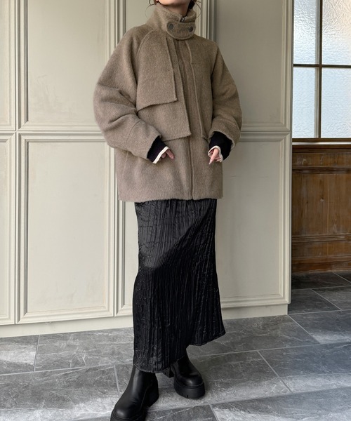 セール】アシメデザインフロントジップシャギーミドルコート（その他