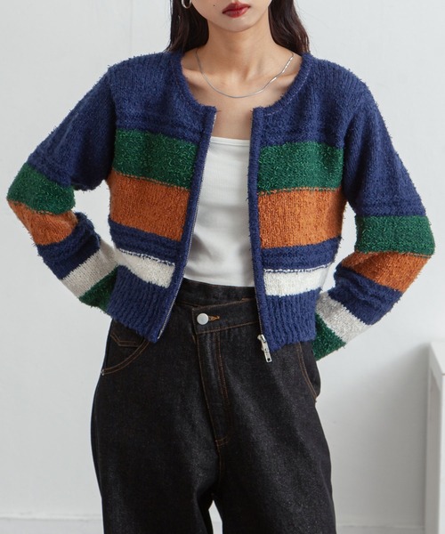 Chillfar(チルファー)の「ボーダーネップジップカーディガン(カーディガン/ボレロ・レディース・グレー/アイボリー/ネイビー・FREE)」の1枚目の写真