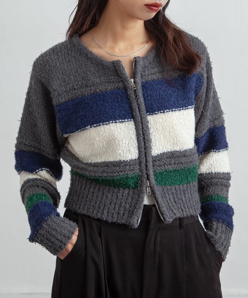 Chillfar(チルファー)の「ボーダーネップジップカーディガン(カーディガン/ボレロ・レディース・グレー/アイボリー/ネイビー・FREE)」の3枚目の写真