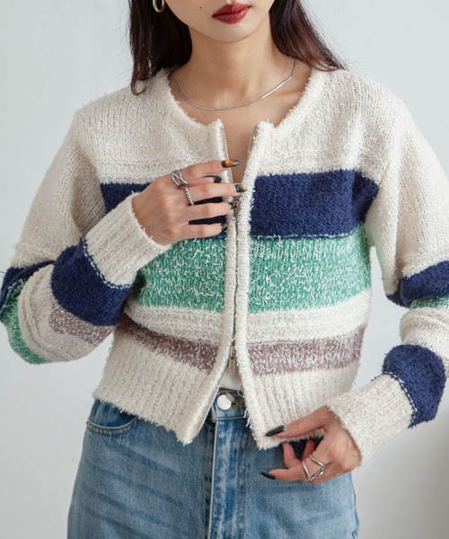 Chillfar(チルファー)の「ボーダーネップジップカーディガン(カーディガン/ボレロ・レディース・グレー/アイボリー/ネイビー・FREE)」の4枚目の写真