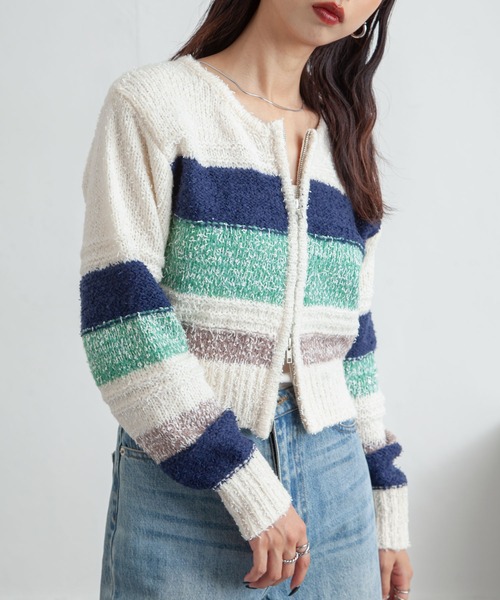 Chillfar(チルファー)の「ボーダーネップジップカーディガン(カーディガン/ボレロ・レディース・グレー/アイボリー/ネイビー・FREE)」の5枚目の写真