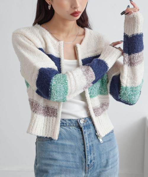 Chillfar(チルファー)の「ボーダーネップジップカーディガン(カーディガン/ボレロ・レディース・グレー/アイボリー/ネイビー・FREE)」の8枚目の写真