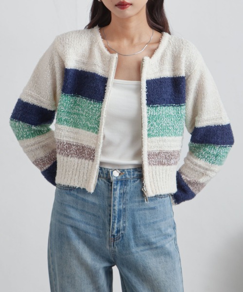 Chillfar(チルファー)の「ボーダーネップジップカーディガン(カーディガン/ボレロ・レディース・グレー/アイボリー/ネイビー・FREE)」の9枚目の写真