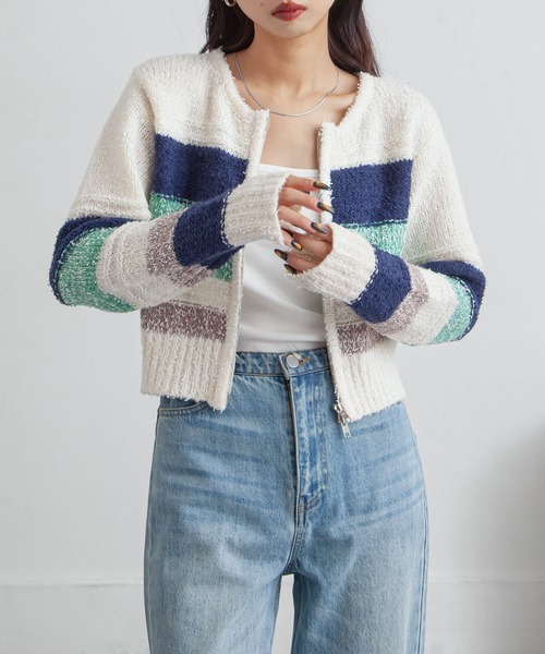 Chillfar(チルファー)の「ボーダーネップジップカーディガン(カーディガン/ボレロ・レディース・グレー/アイボリー/ネイビー・FREE)」の10枚目の写真