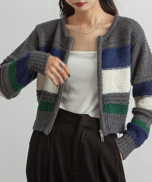 Chillfar(チルファー)の「ボーダーネップジップカーディガン(カーディガン/ボレロ・レディース・グレー/アイボリー/ネイビー・FREE)」の21枚目の写真