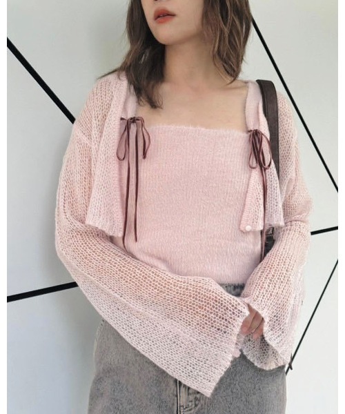 one after another NICE CLAUP(ワンアフターアナザーナイスクラップ)の「フェザータンクボレロカーディガンセット【2点SETアイテム】(アンサンブル・レディース・ブラウン/ピンク/ブラック/オフホワイト・FREE)」の2枚目の写真