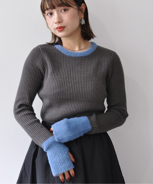 Meli rich（メリーリッチ）の「バイカラー配色サムホールクルーネックニット（ニット/セーター・レディース・アイボリー/ブラック/グレー/チャコールグレー・FREE）」の7枚目の写真