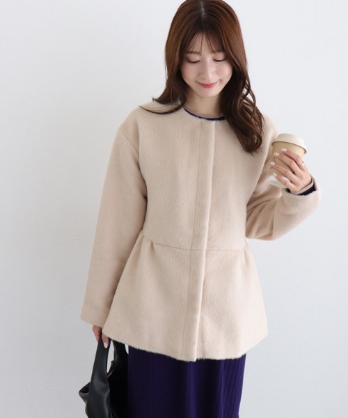 ノーカラーペプラムシャギーコート（ノーカラーコート
