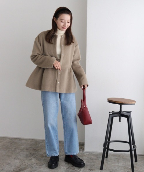 ノーカラーペプラムシャギーコート（ノーカラーコート