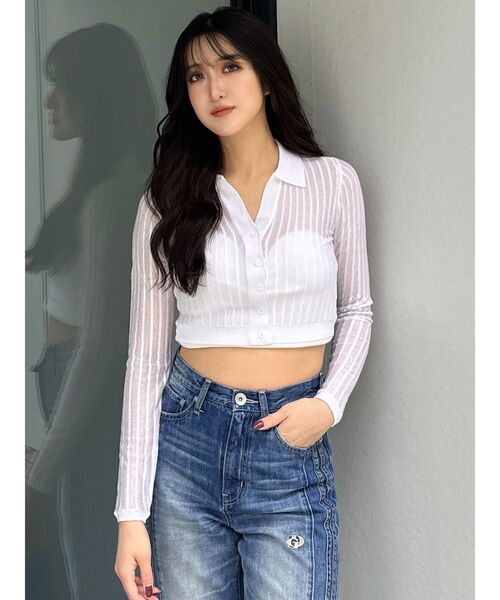 GYDA（ジェイダ）の「シアーニットポロトップス（ニット/セーター・レディース・ブラック/オフホワイト/イエロー・FREE）」の2枚目の写真