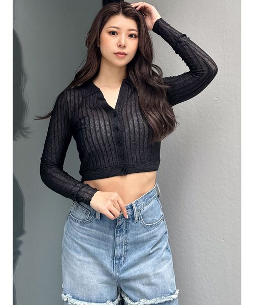 GYDA（ジェイダ）の「シアーニットポロトップス（ニット/セーター・レディース・ブラック/オフホワイト/イエロー・FREE）」の5枚目の写真