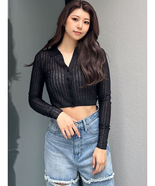 GYDA（ジェイダ）の「シアーニットポロトップス（ニット/セーター・レディース・ブラック/オフホワイト/イエロー・FREE）」の6枚目の写真