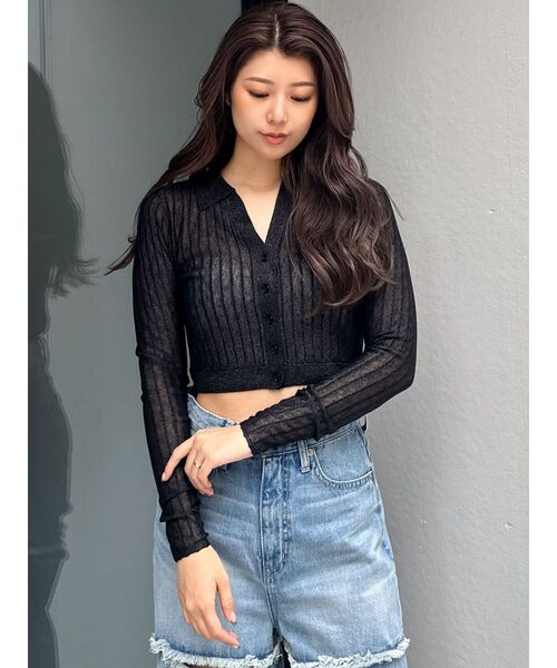 GYDA（ジェイダ）の「シアーニットポロトップス（ニット/セーター・レディース・ブラック/オフホワイト/イエロー・FREE）」の7枚目の写真