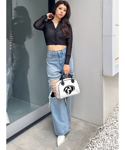 GYDA（ジェイダ）の「シアーニットポロトップス（ニット/セーター・レディース・ブラック/オフホワイト/イエロー・FREE）」の11枚目の写真