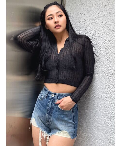 GYDA（ジェイダ）の「シアーニットポロトップス（ニット/セーター・レディース・ブラック/オフホワイト/イエロー・FREE）」の12枚目の写真