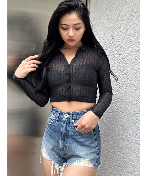 GYDA（ジェイダ）の「シアーニットポロトップス（ニット/セーター・レディース・ブラック/オフホワイト/イエロー・FREE）」の13枚目の写真