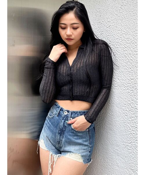 GYDA（ジェイダ）の「シアーニットポロトップス（ニット/セーター・レディース・ブラック/オフホワイト/イエロー・FREE）」の14枚目の写真