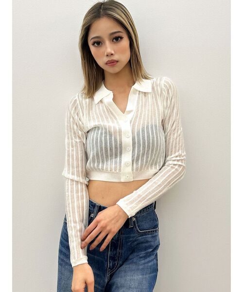 GYDA（ジェイダ）の「シアーニットポロトップス（ニット/セーター・レディース・ブラック/オフホワイト/イエロー・FREE）」の19枚目の写真