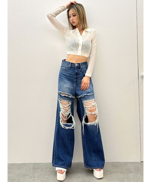 GYDA（ジェイダ）の「シアーニットポロトップス（ニット/セーター・レディース・ブラック/オフホワイト/イエロー・FREE）」の22枚目の写真