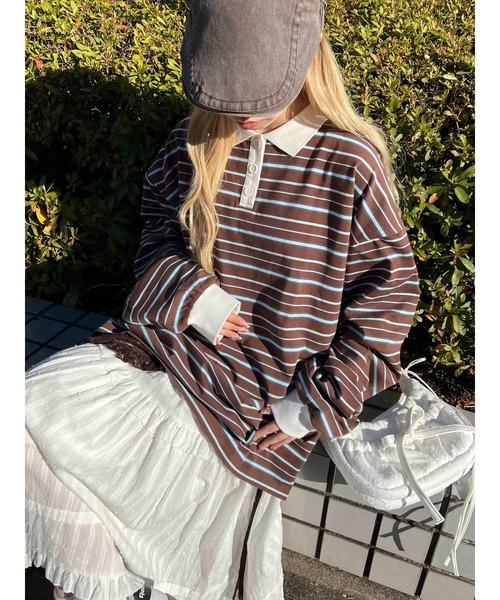 WC（ダブル シー）の「【2025★春夏新作】マルチボーダービッグポロ（ポロシャツ・レディース・グリーン/ブラウン/グレー・FREE）」の2枚目の写真