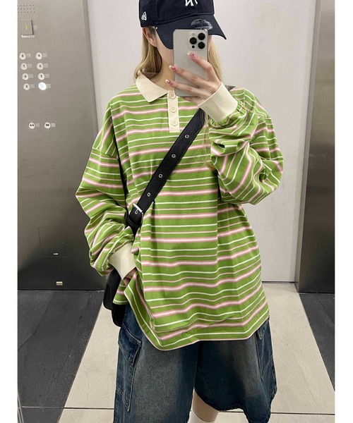 WC（ダブル シー）の「【2025★春夏新作】マルチボーダービッグポロ（ポロシャツ・レディース・グリーン/ブラウン/グレー・FREE）」の3枚目の写真