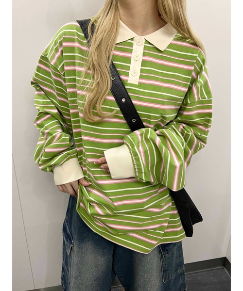 WC（ダブル シー）の「【2025★春夏新作】マルチボーダービッグポロ（ポロシャツ・レディース・グリーン/ブラウン/グレー・FREE）」の21枚目の写真