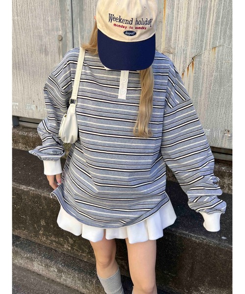 WC（ダブル シー）の「【2025★春夏新作】マルチボーダービッグポロ（ポロシャツ・レディース・グリーン/ブラウン/グレー・FREE）」の4枚目の写真