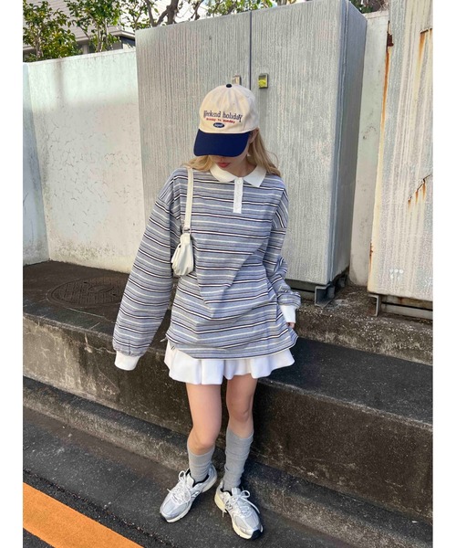 WC（ダブル シー）の「【2025★春夏新作】マルチボーダービッグポロ（ポロシャツ・レディース・グリーン/ブラウン/グレー・FREE）」の7枚目の写真